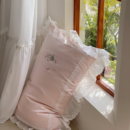 Premium Pink White Vintage French Tulip Flowers Embroidered Duvet Cover, 1000TC Egyptian Cotton Bedding Set