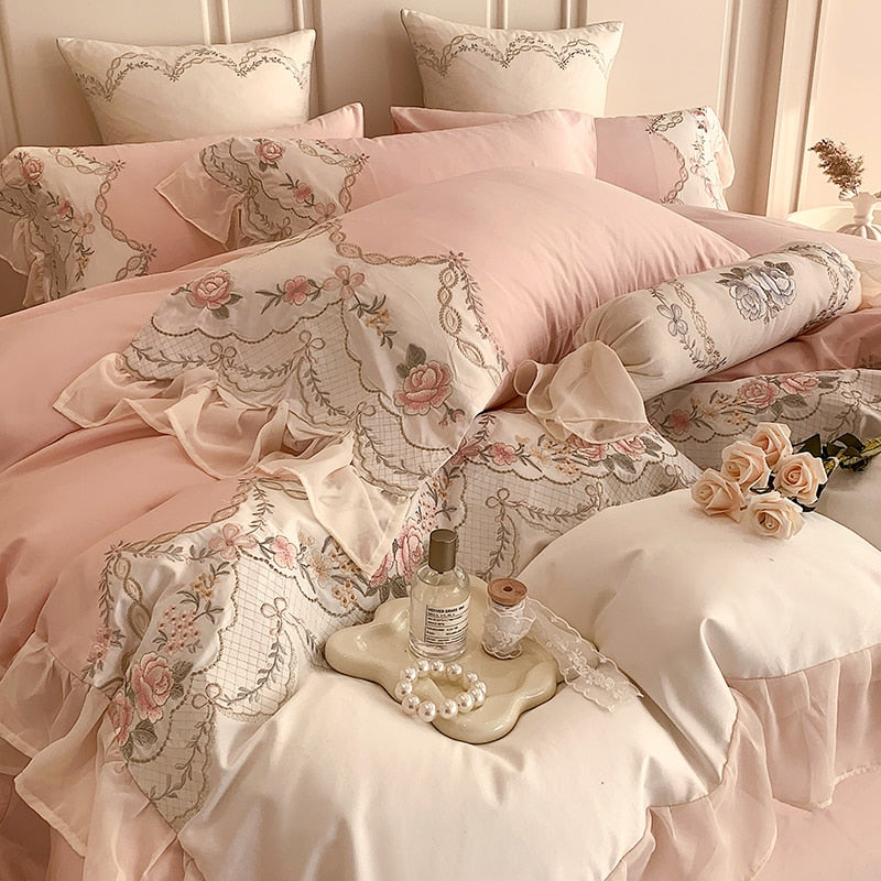 Pink Romantic French Princess Rose Lace Ruffles Duvet Cover, 1000TC Egyptian Cotton Bedding Set