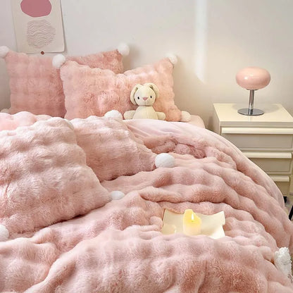 Premium White Pink Shaggy Ultra Soft Fur Velvet Fleece Lace Kids Duvet Cover Bedding Set