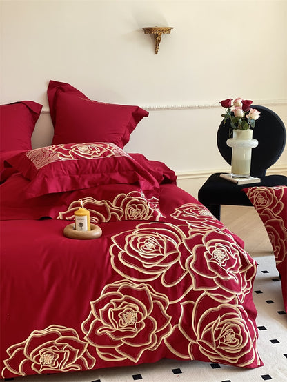 Luxury Burgundy Pink Rose Embroidery Duvet Cover Set, 1000TC Egyptian Cotton Bedding Set
