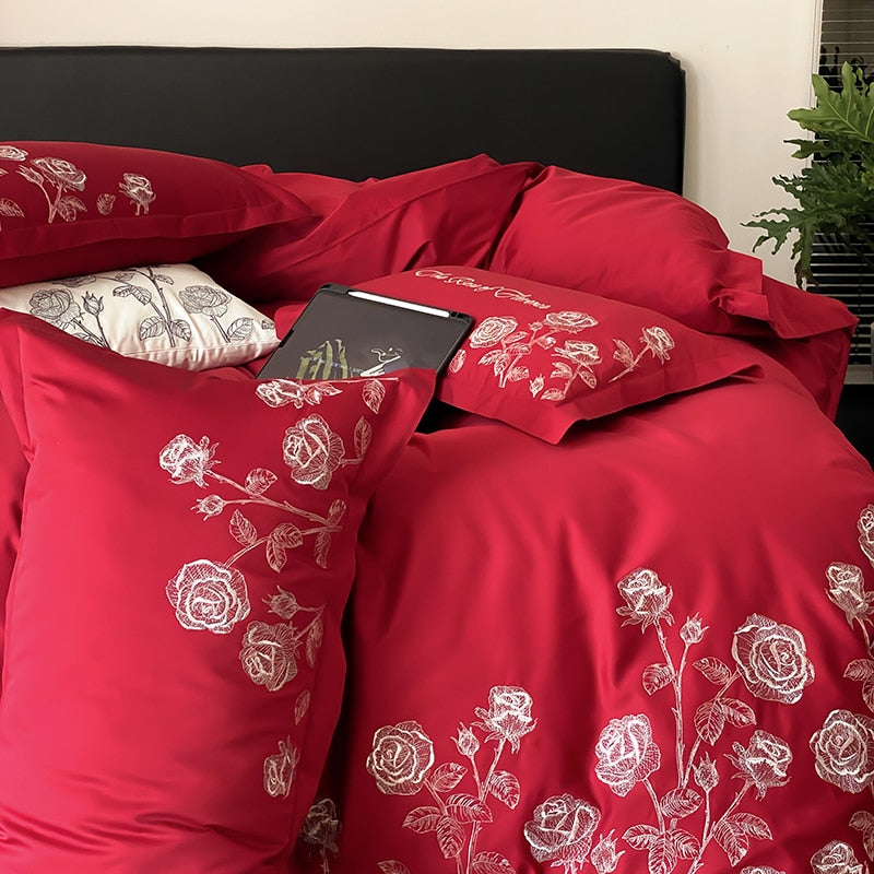 White Black Red Rose Flower Luxury Black Rim Side Duvet Cover, 1000TC Egyptian Cotton Bedding Set