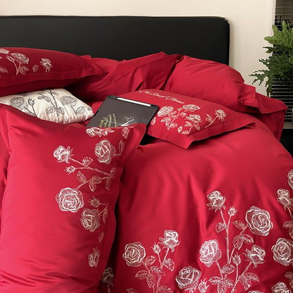 White Black Red Rose Flower Luxury Black Rim Side Duvet Cover, 1000TC Egyptian Cotton Bedding Set