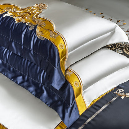 Luxury Gold Blue Baroque Europe Silk Embroidered Duvet Cover Set, 1200TC Egyptian Cotton Bedding Set