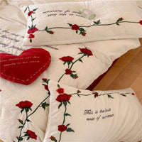 Thumbnail for Red Rose Carved Velvet Embroidered Wedding Duvet Cover Set, Fleece Duvet Cover Fleece Fabric Bedding Set