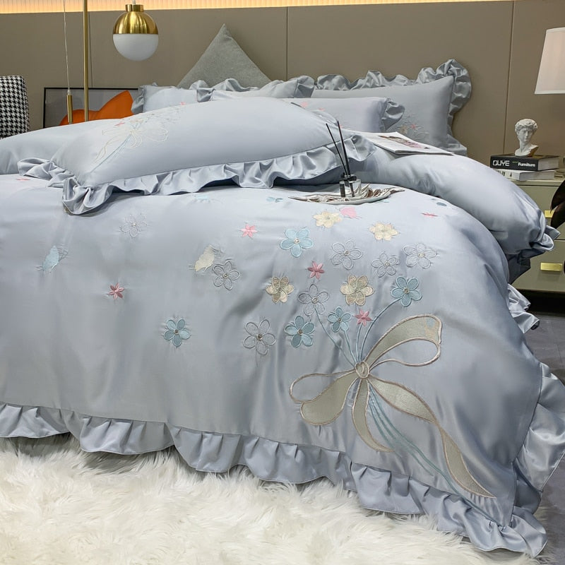 Luxury Butterfly Princess Chic Flowers Embroidery Ruffles Duvet Cover, Cotton 600TC Bedding Set