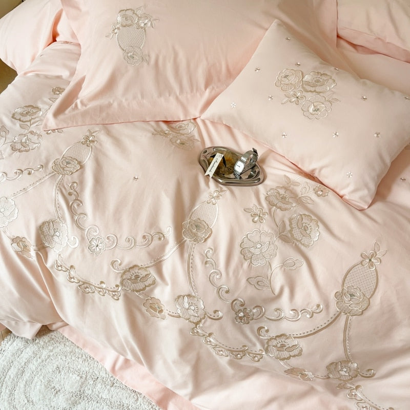 Pink Flowers Premium Embroidery Duvet Cover Set, 1000TC Egyptian Cotton Bedding Set