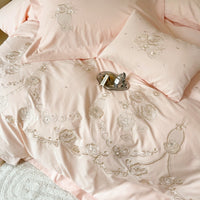 Thumbnail for Pink Flowers Premium Embroidery Duvet Cover Set, 1000TC Egyptian Cotton Bedding Set