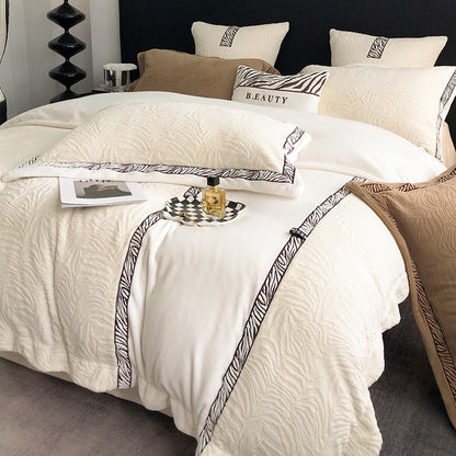 Brown Grey Premium Carved Zebra Grain Embroidered Jacquard Duvet Cover Set, Plush Velvet Fleece Bedding Set