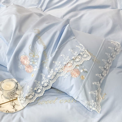Premium White Rose Sweet Embroidery Lace Edge Duvet Cover Set, Egyptian Cotton Bedding Set