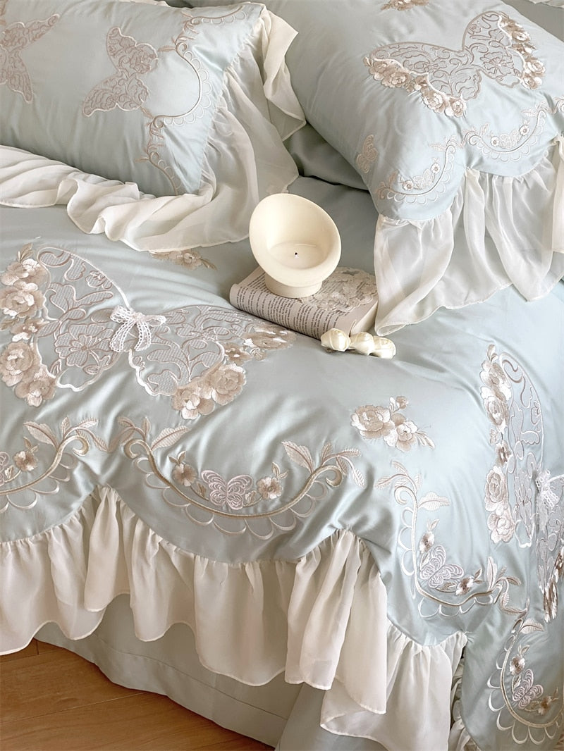 Luxury Whites Blue Princess Wedding Butterfly Flowers Lace Duvet Cover, 1400TC Egyptian Cotton Bedding Set