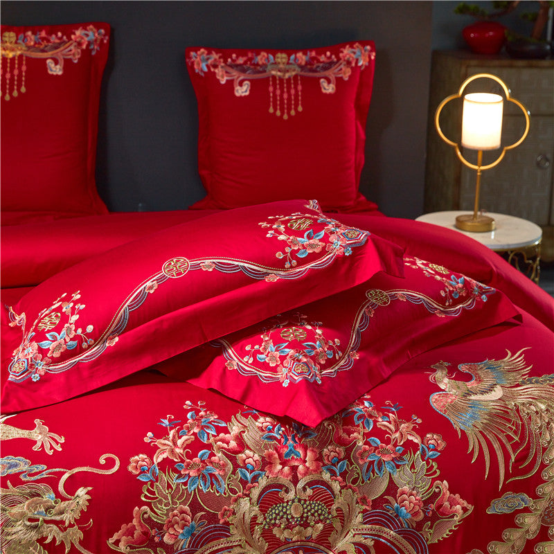 Luxury Red Gold Phoenix Europe Wedding Duvet Cover Set, Egyptian Cotton 1000TC Bedding Set