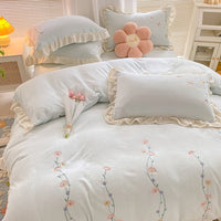 Thumbnail for Chic Blue Pink Flowers Embroidered Princess Velvet Fleece Duvet Cover Bedding Set