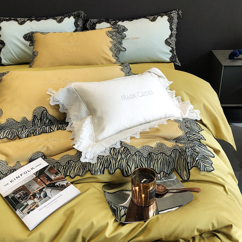 Premium Yellow Black Zebra Lace Embroidery Duvet Cover Set, Egyptian Cotton 1000TC Bedding Set