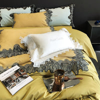 Thumbnail for Premium Yellow Black Zebra Lace Embroidery Duvet Cover Set, Egyptian Cotton 1000TC Bedding Set