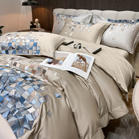 Thumbnail for Luxury Silver Blue Beautiful Modern Tiles Embroidered Duvet Cover Set, 1000TC Egyptian Cotton Bedding Set