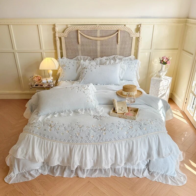 Soft Pink Flowers Embroidery Romantic Lace Ruffles Duvet Cover, Velvet Fleece Bedding Set