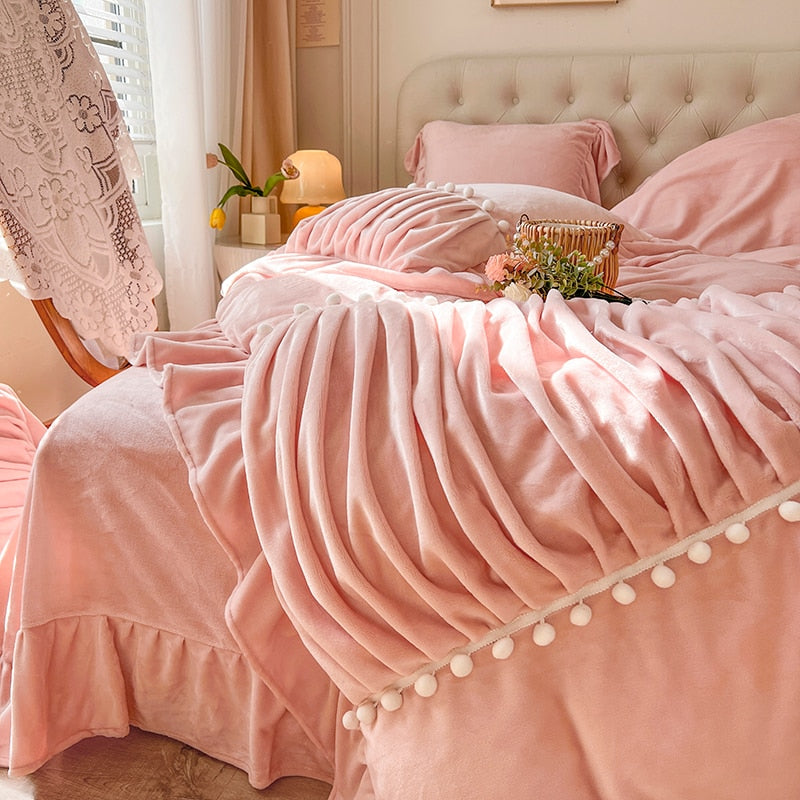 White Pink French Style Ruffles Pleat Ball Europe Duvet Cover Set, Velvet Fleece Bedding Set