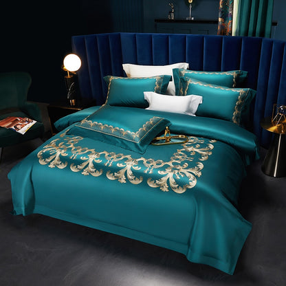 Burgundy Turquoise Luxury Gold Linen Wedding Duvet Cover, Egyptian Cotton 1000TC Bedding Set