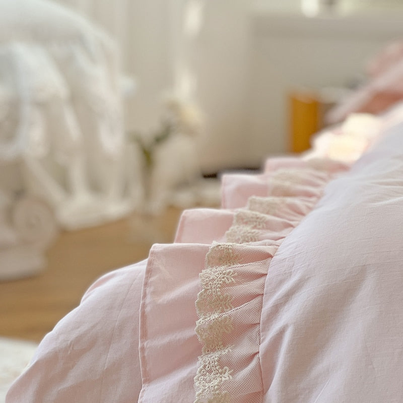 Pink Romantic French Princess Flowers Lace Ruffles Duvet Cover, Washed Cotton 400TC Bedding Set