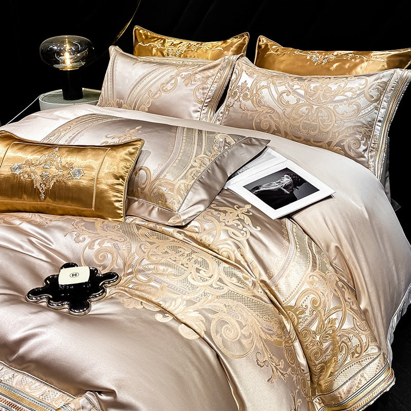 Gold Champagne Vintage Luxury European Silky Jacquard Egyptian Cotton 1000TC Duvet Cover Bedding Set