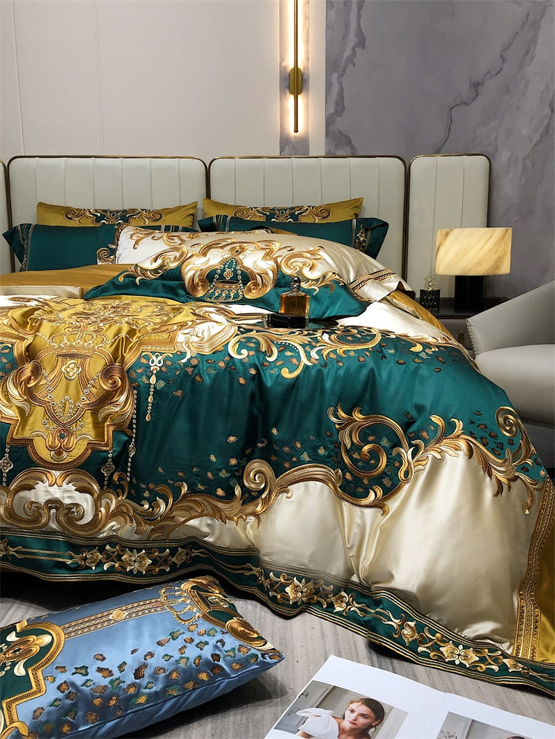 Luxury Gold Green Baroque Vintage Silk Embroidered Duvet Cover Set, 1200TC Egyptian Cotton Bedding Set