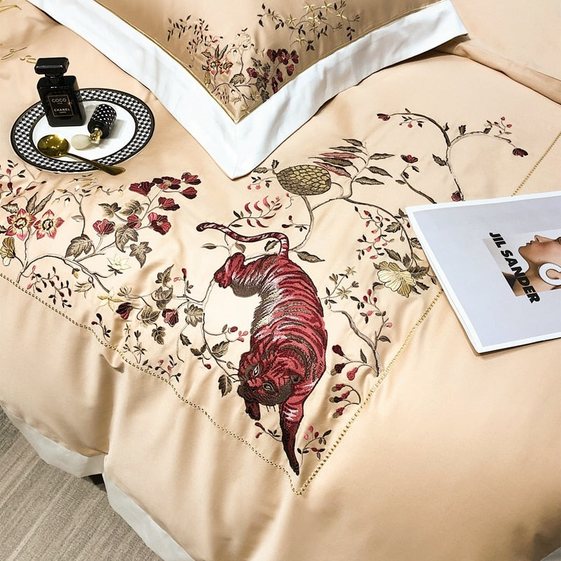 Luxury Tiger Bird American Style Plants Embroidery Duvet Cover, 1000TC Egyptian Cotton Bedding Set
