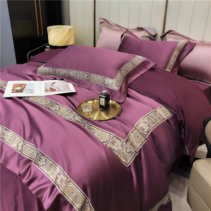 Pink Burgundy European Premium Baroque Satin Silk Smooth Silky Duvet Cover Set, Egyptian Cotton 1000TC Bedding Set