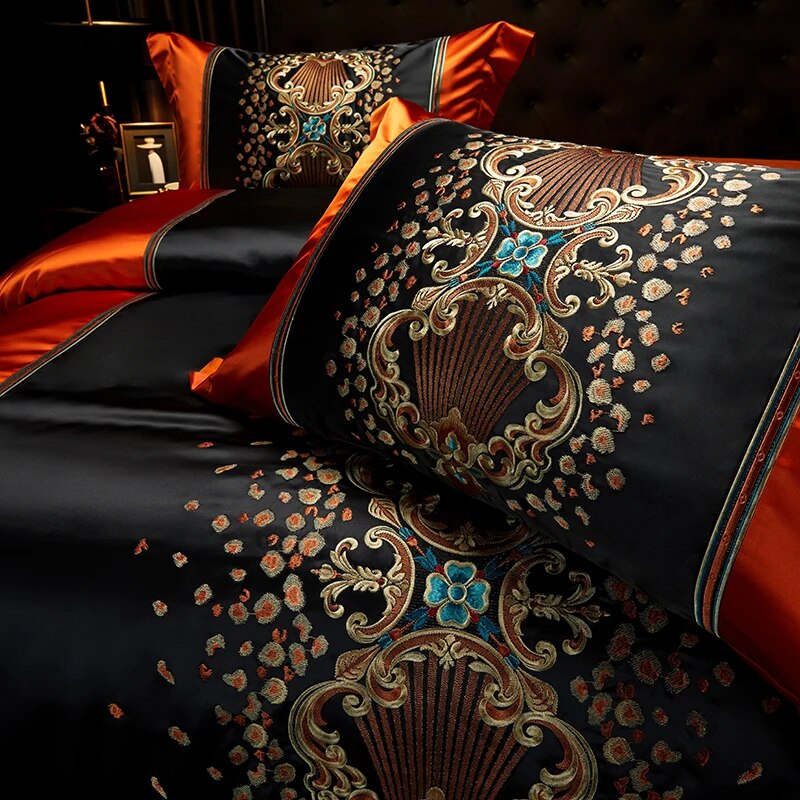 Black Red Gold Luxury Baroque Palace Embroidery Patchwork Duvet Cover, Egyptian Cotton 1000TC Bedding Set