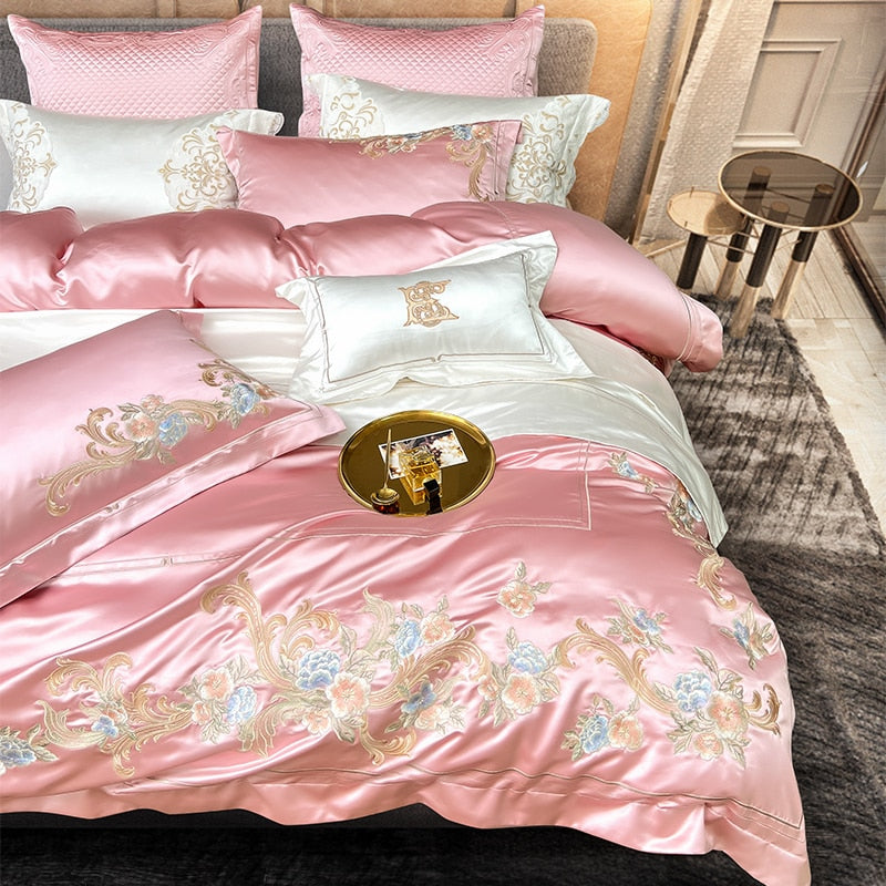 White Pink Baroque Luxury Egyptian Cotton 1000 Thread Count Embroidered Duvet Cover Bedding Set