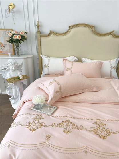 Luxury White Gold Embroidery Family Duvet Cover, 100% Cotton Bedding Set