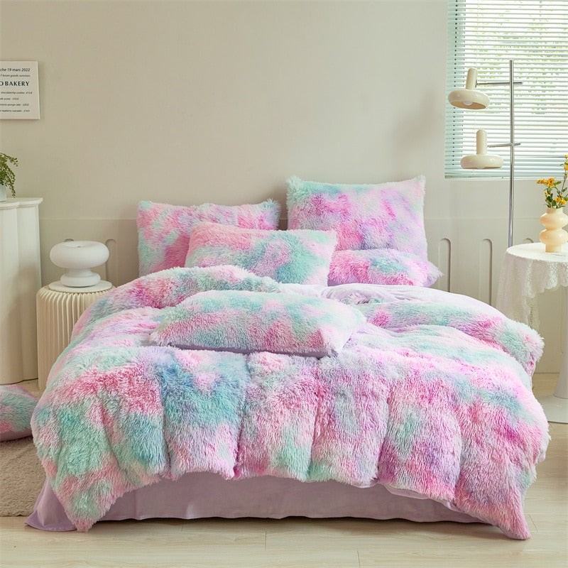 Purple Pink Coral Fleece Velvet Princess Duvet Cover for Family Bedding Set