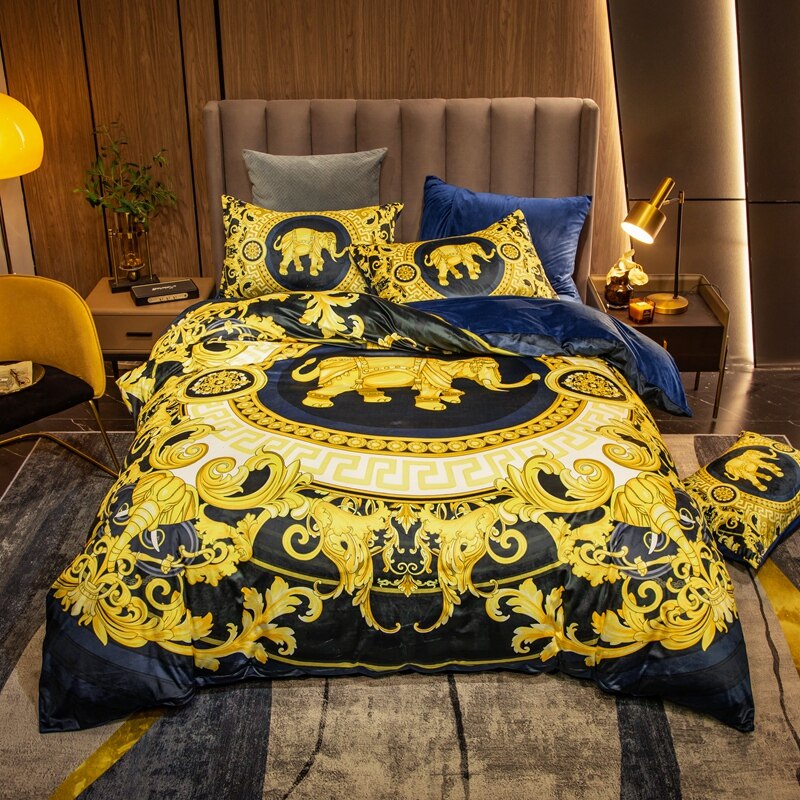 Luxury Horse Blue Gold European Baroque Linen Duvet Cover Set, Coral Velvet Fleece Bedding Set