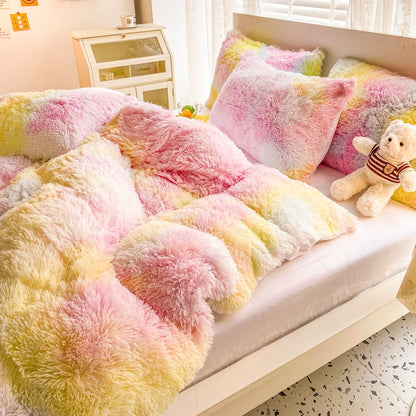 Rainbow Colorful Soft Warm Cozy Girls Winter Duvet Cover Set, Velvet Fleece Fabric Bedding Set