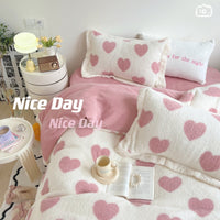 Thumbnail for Pink Blue Heart Polka Dot Velvet Duvet Cover Set, Fleece Fabric Bedding Set