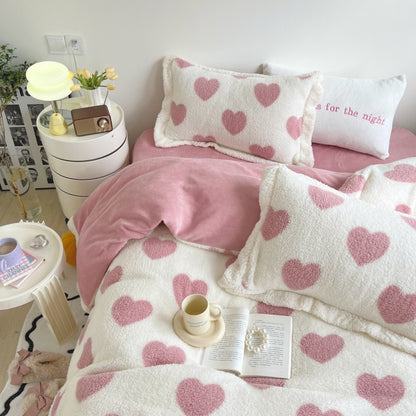 Pink Blue Heart Polka Dot Velvet Duvet Cover Set, Fleece Fabric Bedding Set