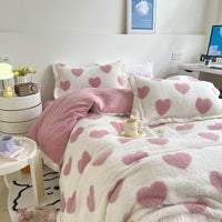 Thumbnail for Pink Blue Heart Polka Dot Velvet Duvet Cover Set, Fleece Fabric Bedding Set