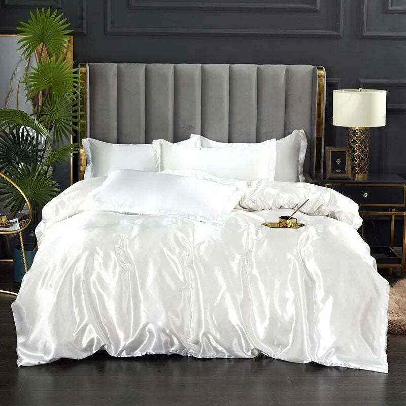 White Purple Silky Smooth Satin Pure Color Family Duvet Cover Bedding Set