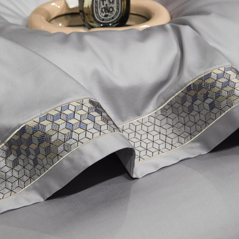 Silver Grey Luxury Long Square Stripe Embroidery Satin Silky Duvet Cover Set, 1000TC Egyptian Cotton Bedding Set