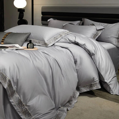 Silver Grey Luxury Long Square Stripe Embroidery Satin Silky Duvet Cover Set, 1000TC Egyptian Cotton Bedding Set