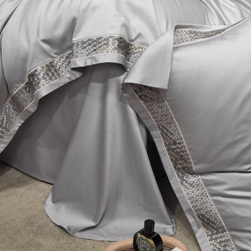 Silver Grey Luxury Long Square Stripe Embroidery Satin Silky Duvet Cover Set, 1000TC Egyptian Cotton Bedding Set