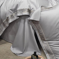 Thumbnail for Silver Grey Luxury Long Square Stripe Embroidery Satin Silky Duvet Cover Set, 1000TC Egyptian Cotton Bedding Set