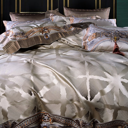 Luxury Silver Gray European Baroque Satin Jacquard Wedding Duvet Cover, Egyptian Cotton 1000T Bedding set