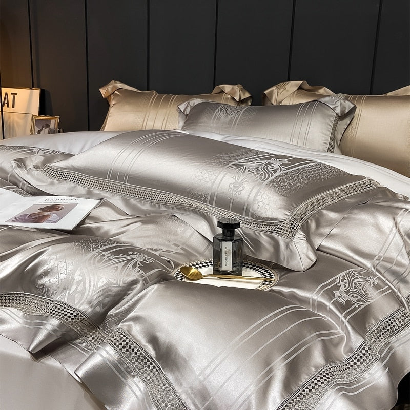 Grey Gold Baroque Luxury Satin Jacquard Egyptian cotton 1000TC Duvet Cover Bedding Set