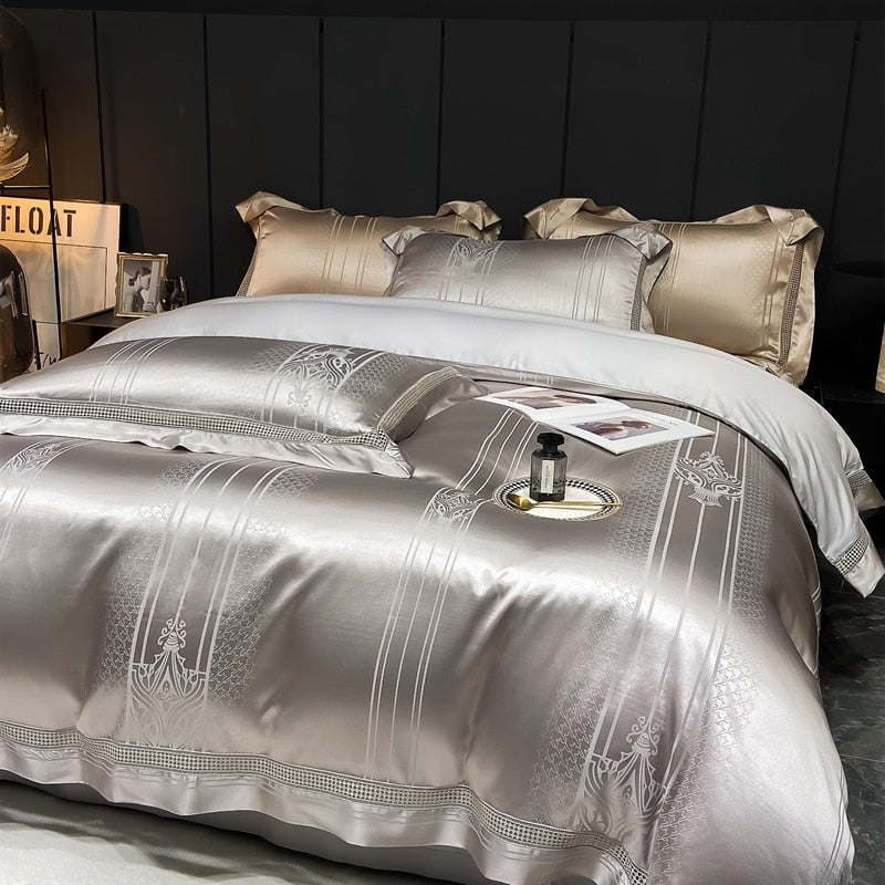 Grey Gold Baroque Luxury Satin Jacquard Egyptian cotton 1000TC Duvet Cover Bedding Set