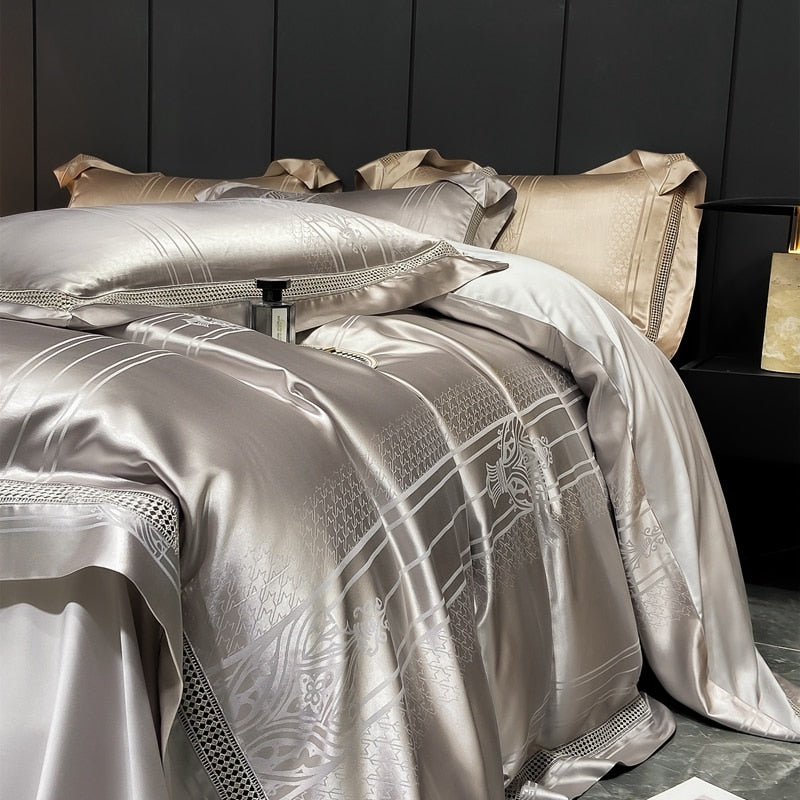 Grey Gold Baroque Luxury Satin Jacquard Egyptian cotton 1000TC Duvet Cover Bedding Set