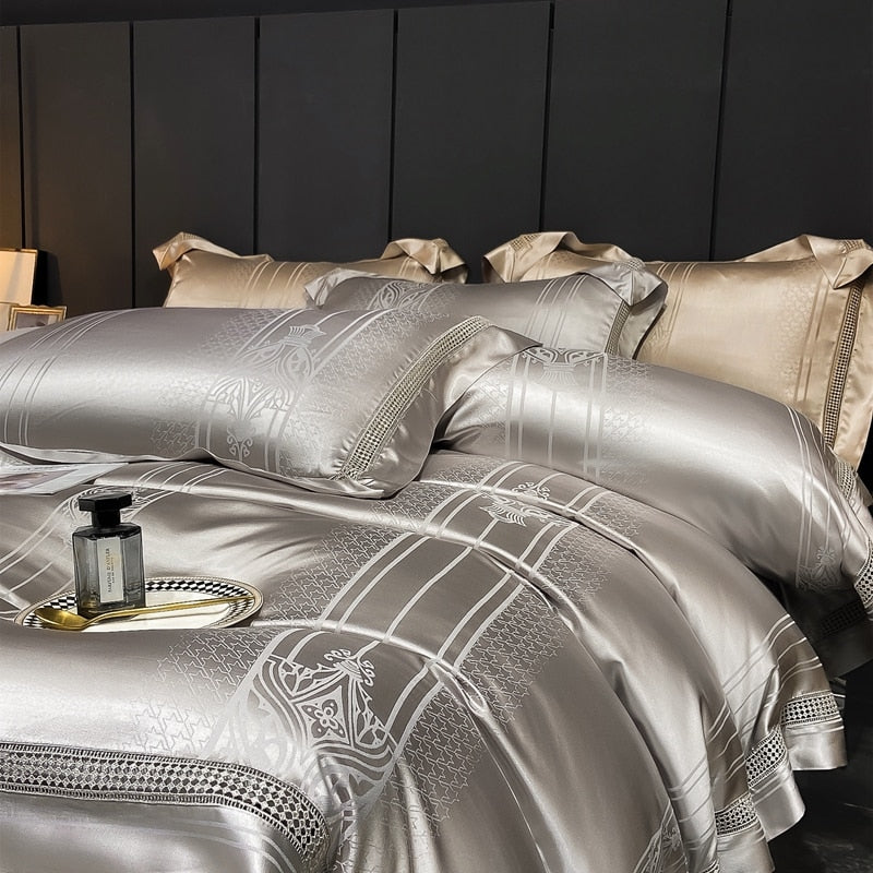 Grey Gold Baroque Luxury Satin Jacquard Egyptian cotton 1000TC Duvet Cover Bedding Set