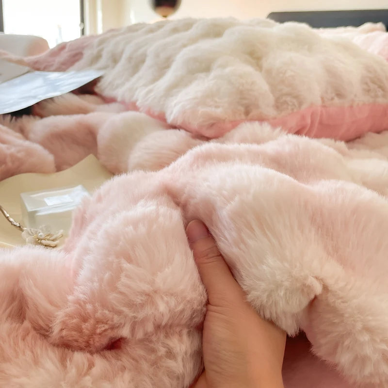 Pink Blue Cozy Thickened Warm Faux Fur Velvet Fleece Plush Shaggy Duvet Cover Bedding Set