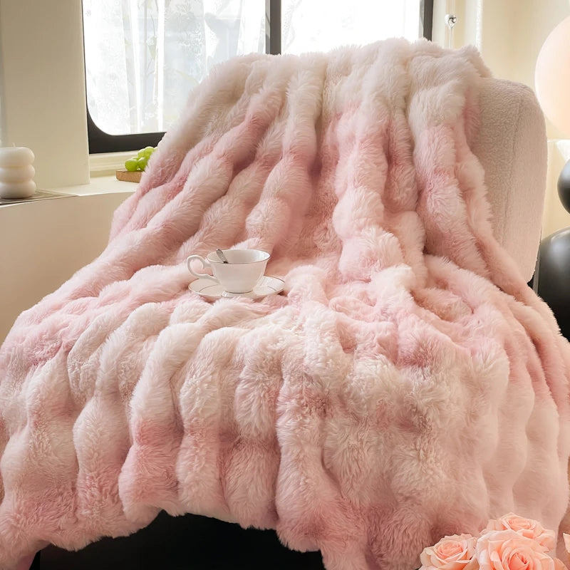 Pink Blue Cozy Thickened Warm Faux Fur Velvet Fleece Plush Shaggy Duvet Cover Bedding Set