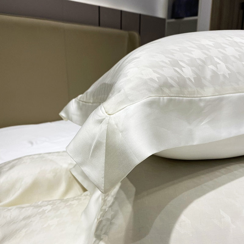 Premium White Solid Color Jacquard Very Soft Cozy Silky Duvet Cover Set, 100% Tencel Bedding Set