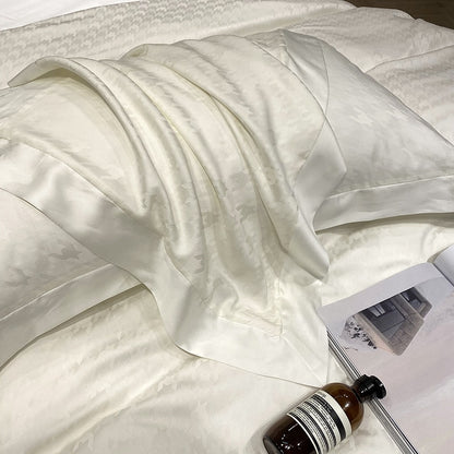 Premium White Solid Color Jacquard Very Soft Cozy Silky Duvet Cover Set, 100% Tencel Bedding Set